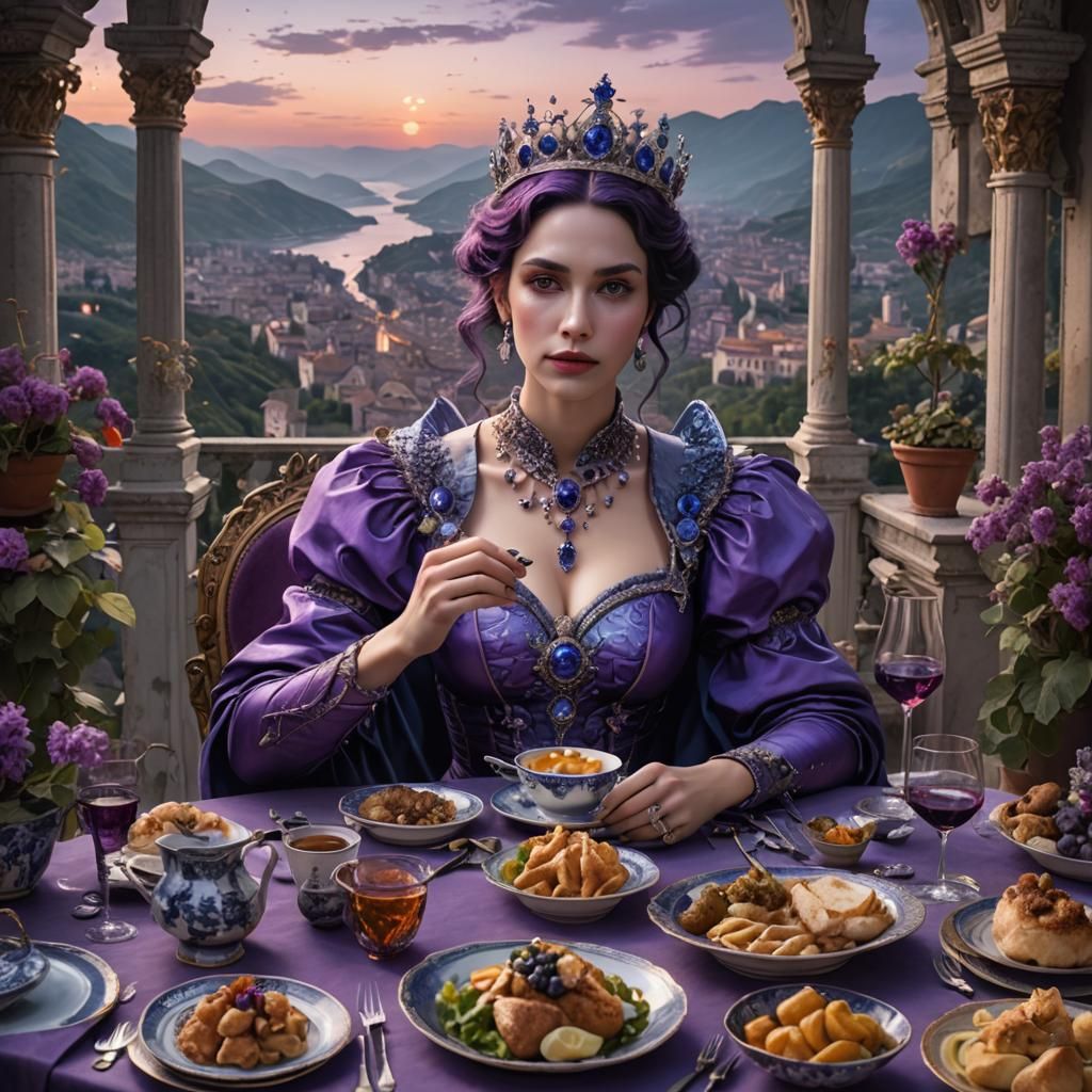 Enchanted Violet Queen Dines with Love in Breathtaking Panor...