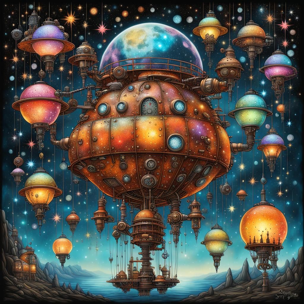 Surreal Steampunk Moonbase with Hanging Stars