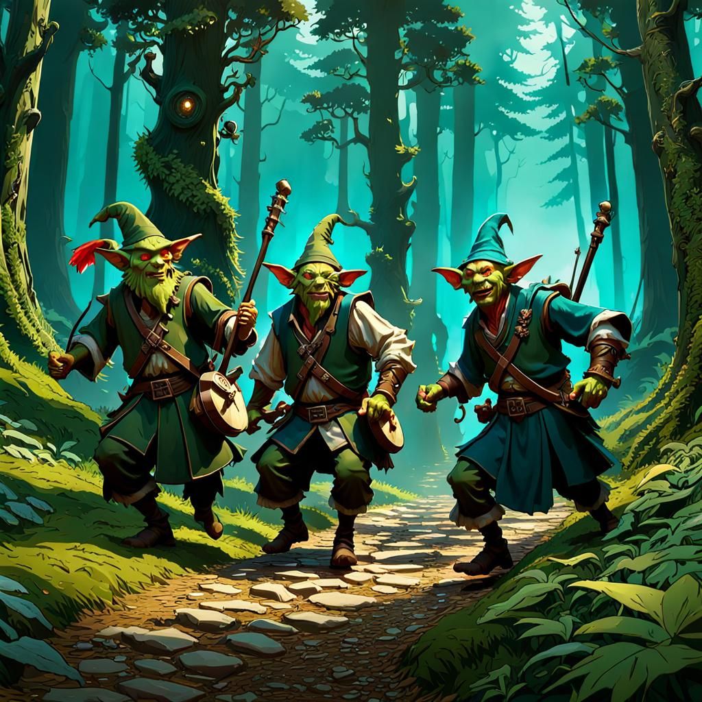 Goblin Band Dancing on Forest Path in Dark Fantasy Style