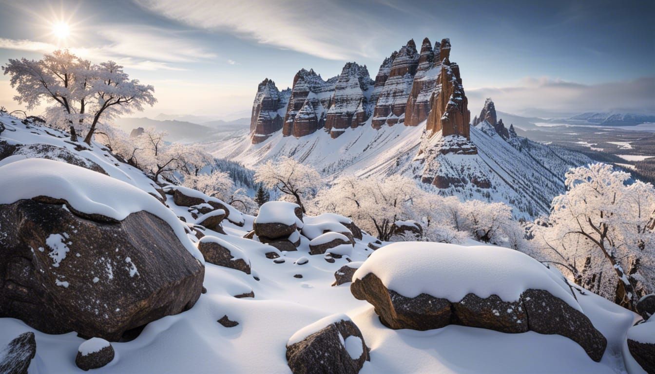 Winter's Majesty: Snow-Covered Rock Formation