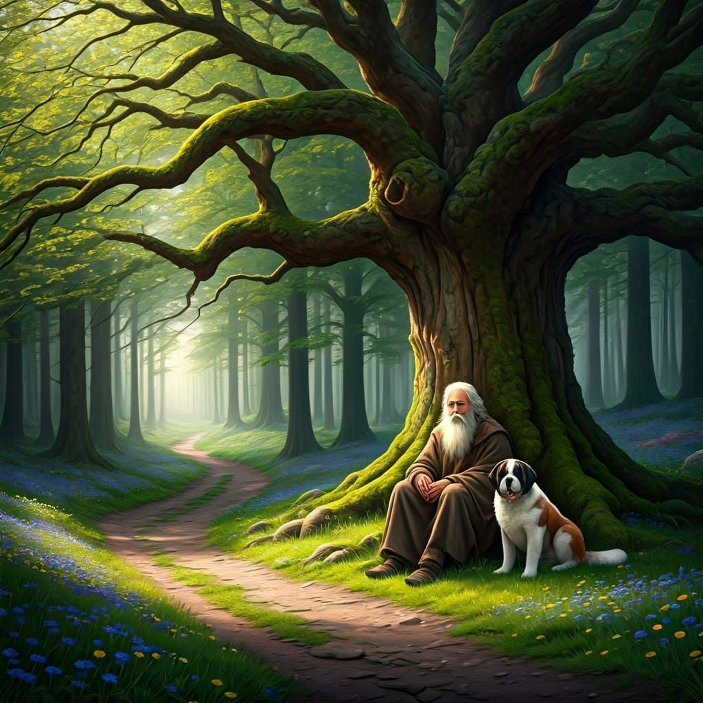 Serene Elderly Man Under Ancient Tree
