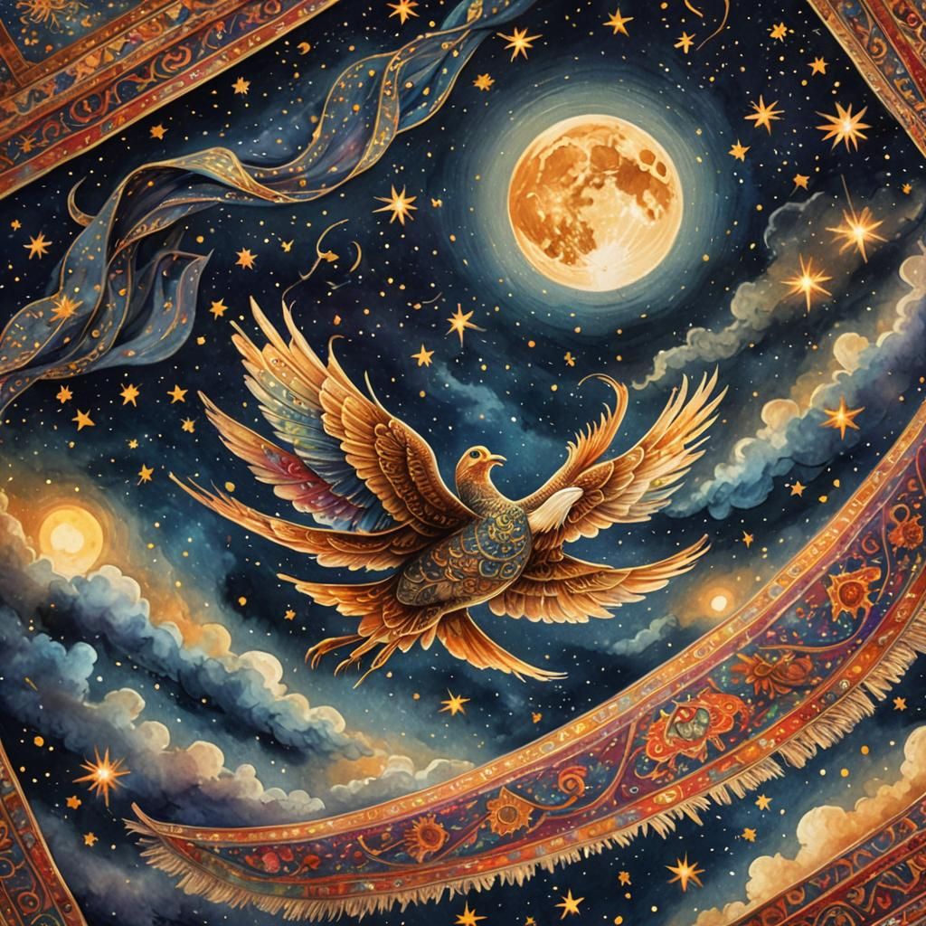 Flying Carpet Soaring in Mystical Night Sky