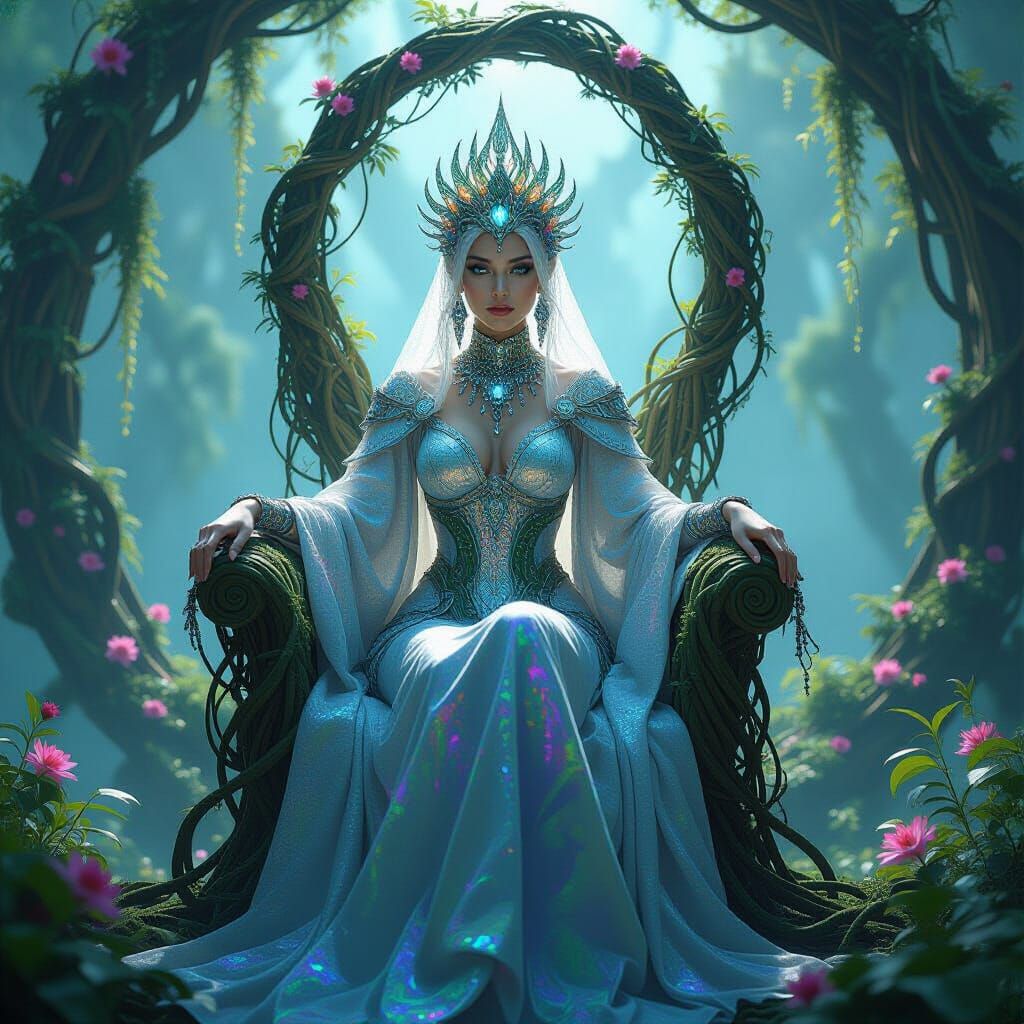 Alien Queen on Vine Throne with Bioluminescent Jewelry