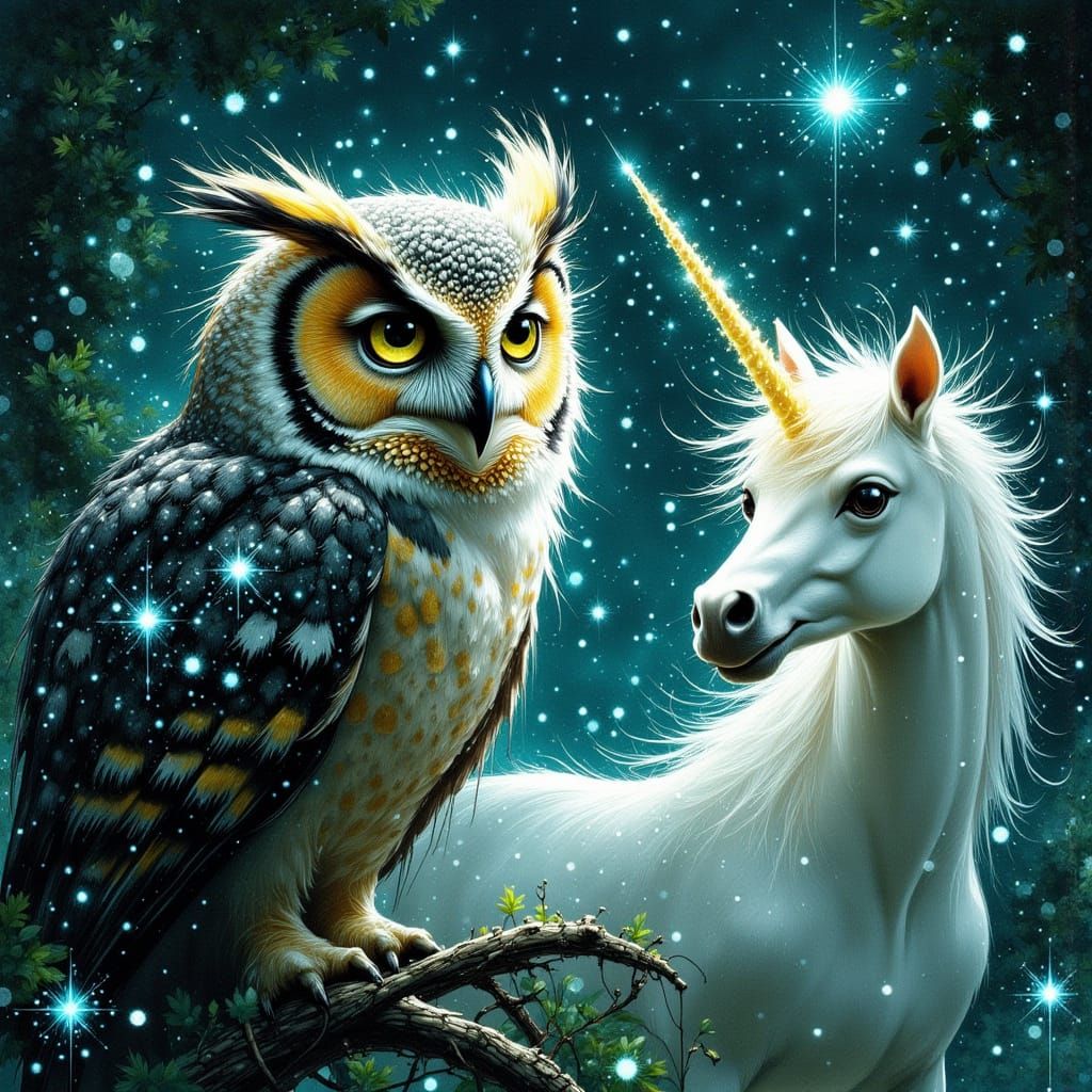 Majestic Owl and Unicorn in Whimsical Forest