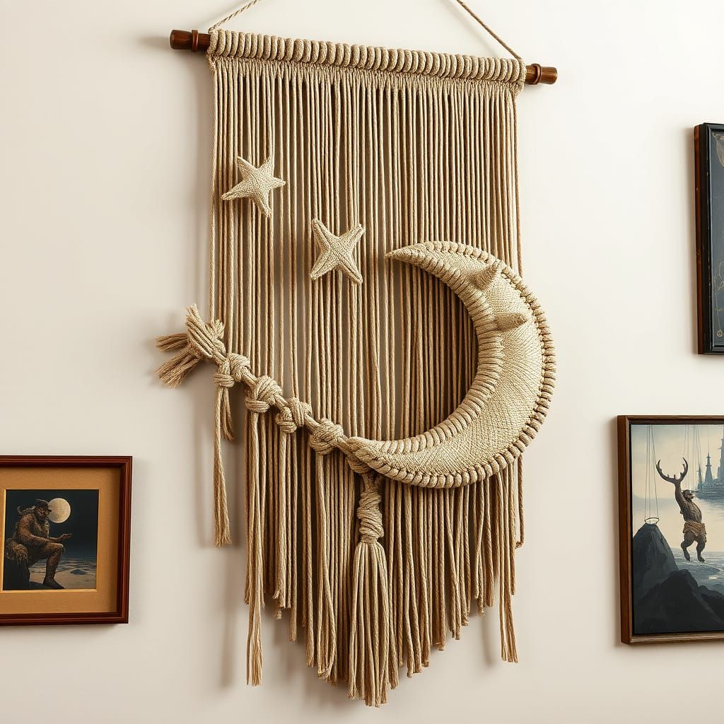 Stars and Moon Macrame Wall Hanging in Neo-Impressionist Sty...