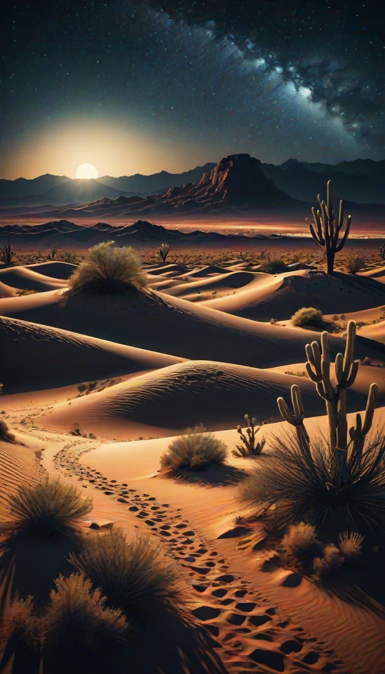 A woodblock cut style desert scene at night