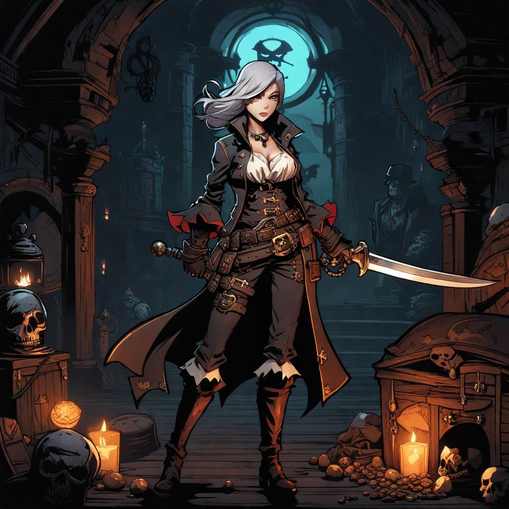 Ashen-Haired Pirate Girl Portrait in Darkest Dungeon Style