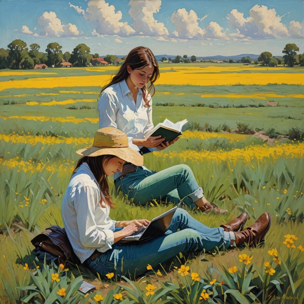 Girl in Field with Laptop: Oil Painting