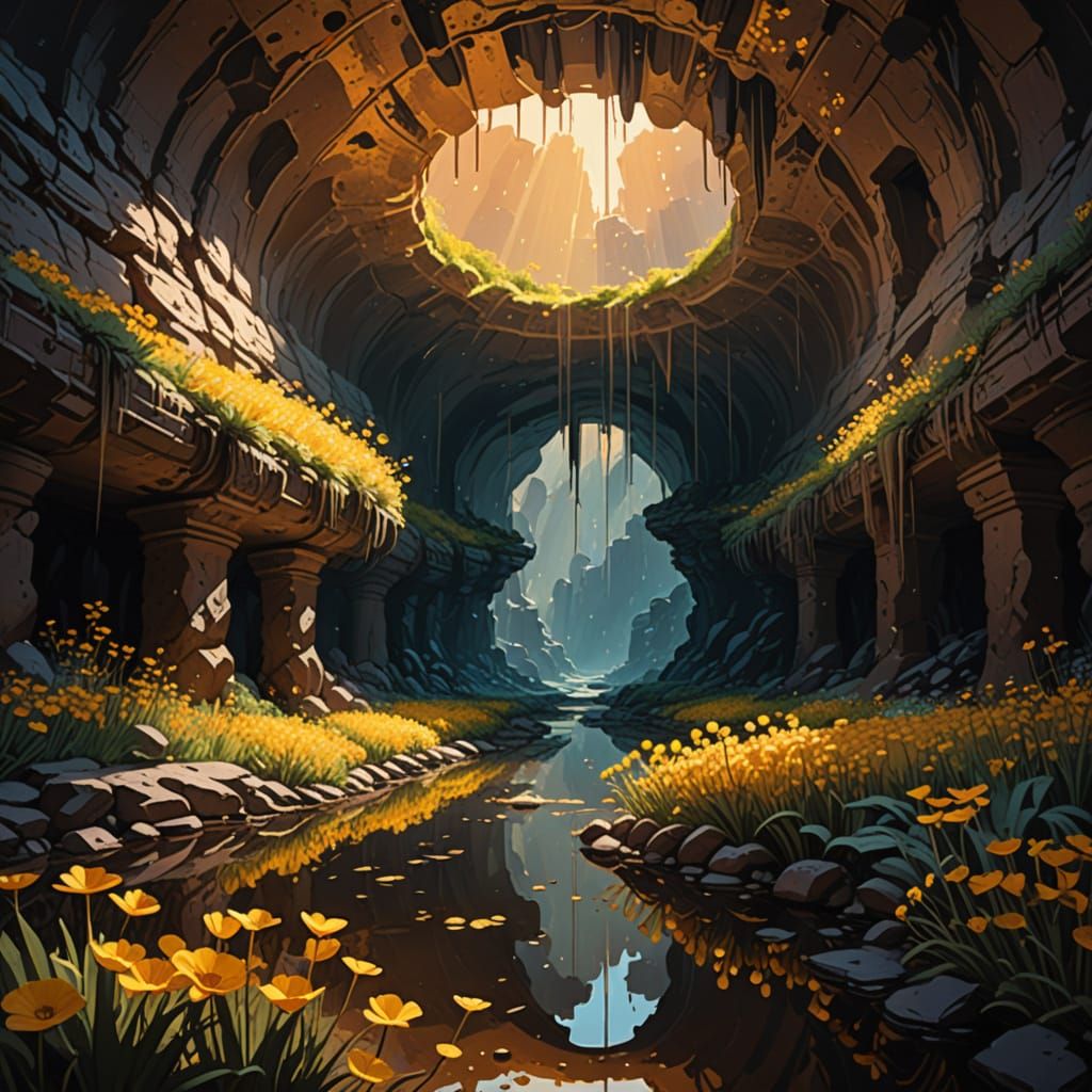 Epic Gouache Painting of a Circular Cavern with Pollen Cloud