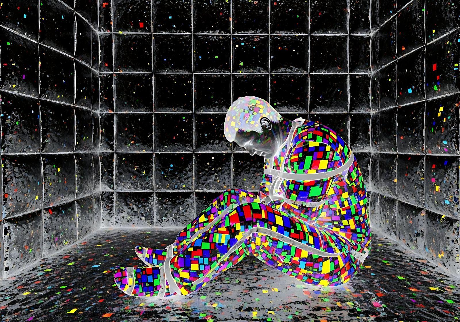 Harrowing Glitch Collage of Man in Straitjacket