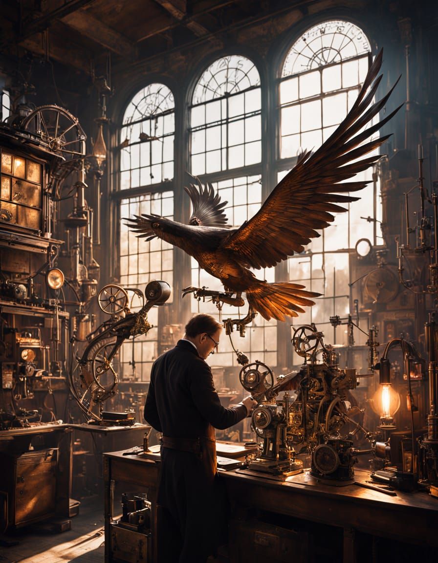 Steampunk Inventor Building Mechanical Bird in Workshop