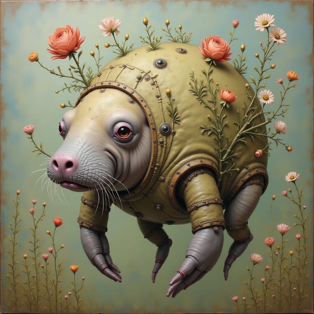 Surreal Robot with Manatee in Muted Oil Painting Style