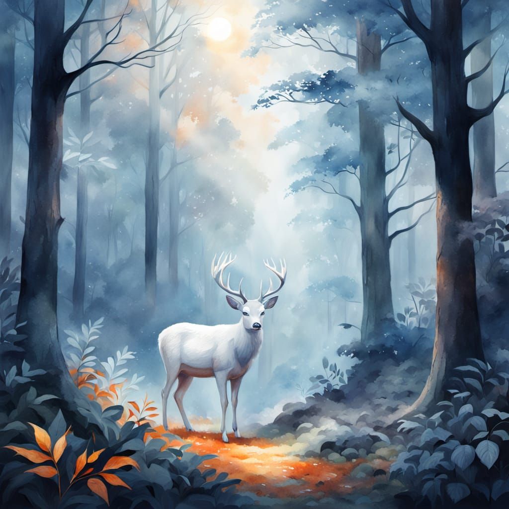 White Deer in Forest: Watercolour Fantasy Art