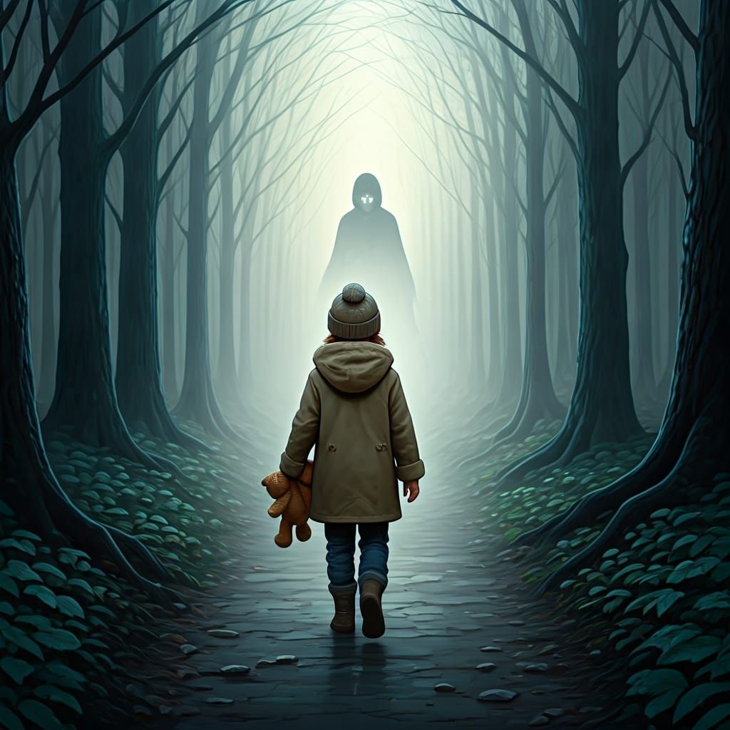 Child and Teddy Bear in Mystical Forest