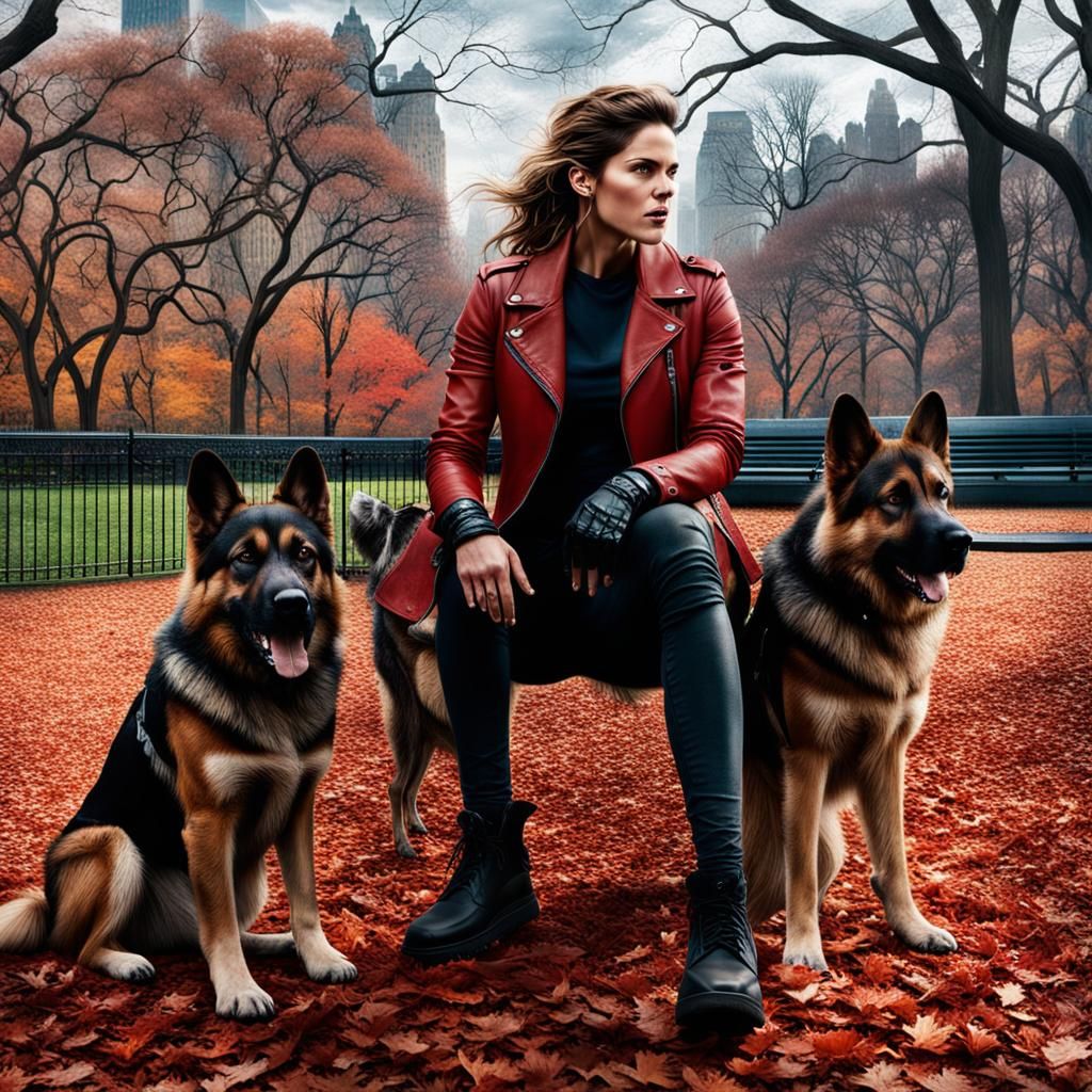 Woman Plays with Dogs in Central Park: Digital Painting
