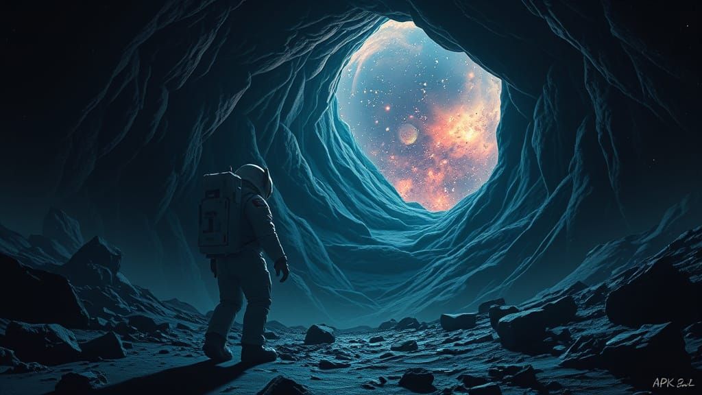 Astronaut Lost in Space Gazing at a Mysterious Black Hole wi...