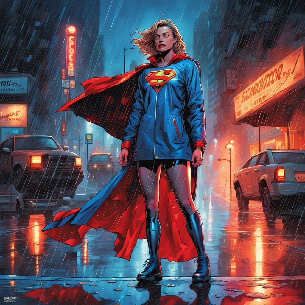 Supergirl in Neon Raincoat, Hyper-Realistic Comic Art