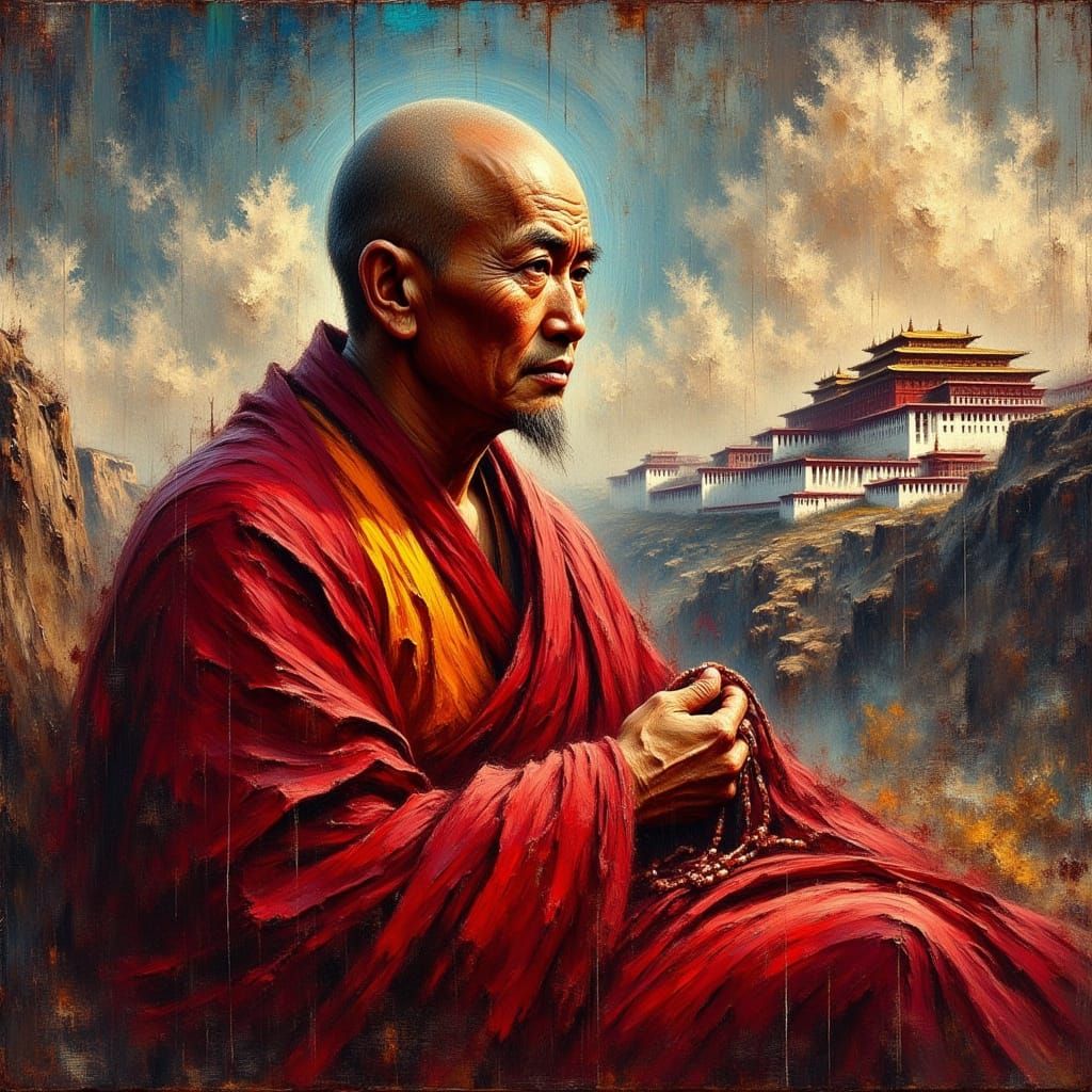 Tibetan Monk in Expressive Oil Painting Style