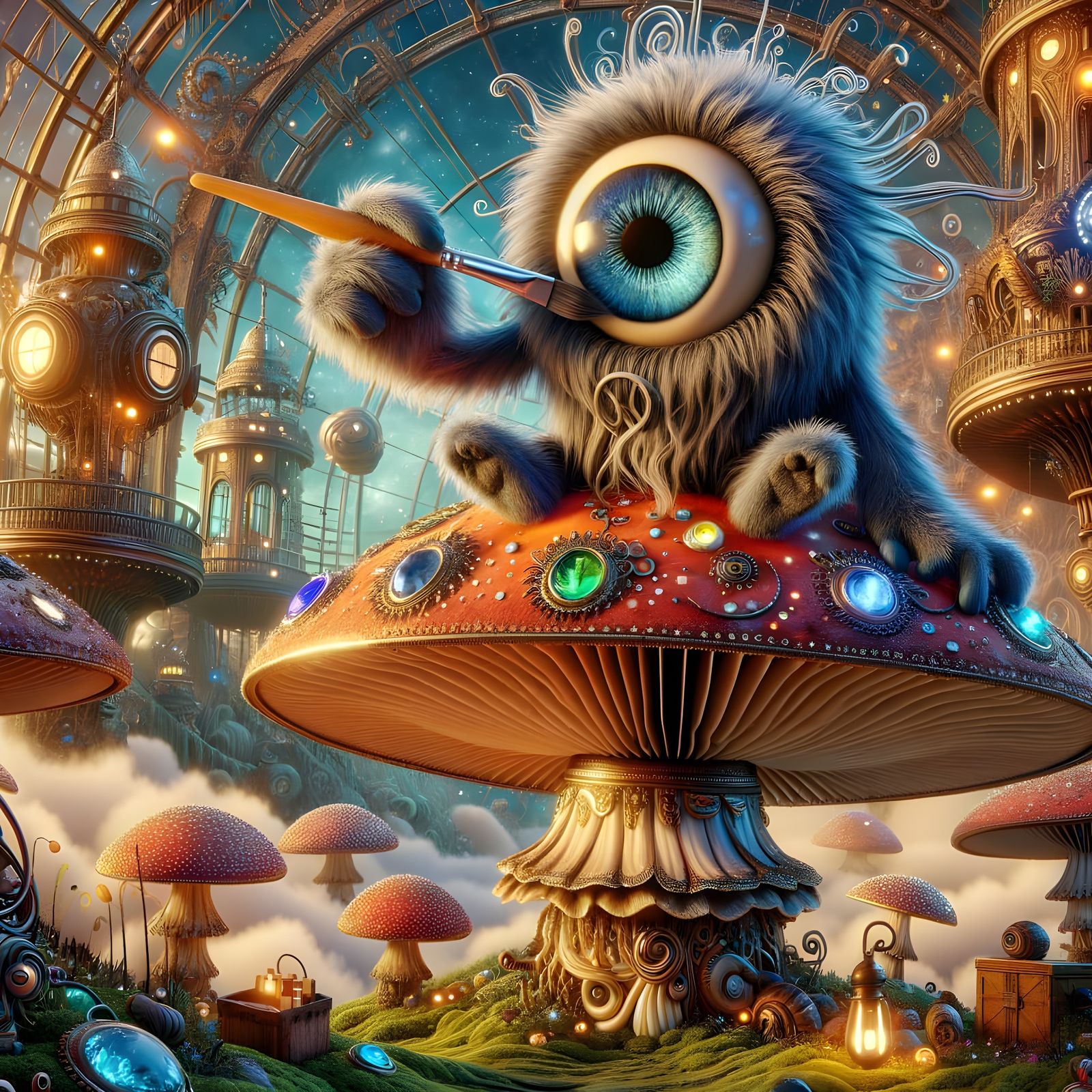 Hairy Eyeball Monster Painting Gemstone Mushroom in Steampun...