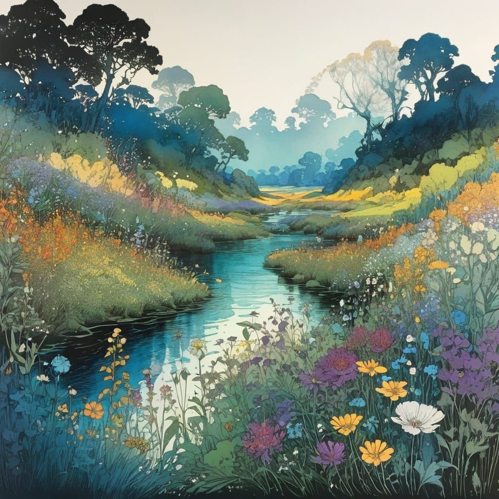Colorful Wildflowers by River, Watercolour Ink Style