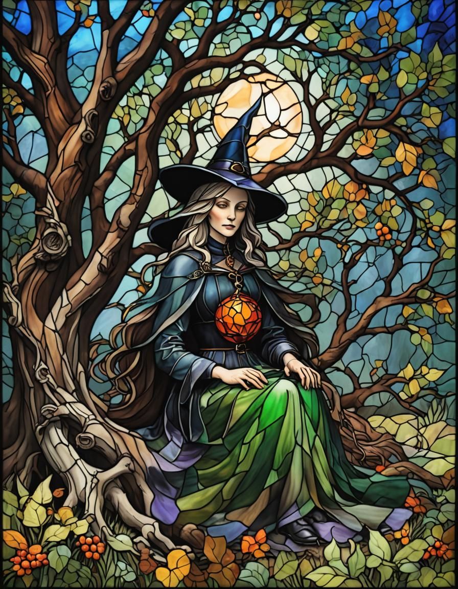 Stained Glass Witch Resting Under a Tree