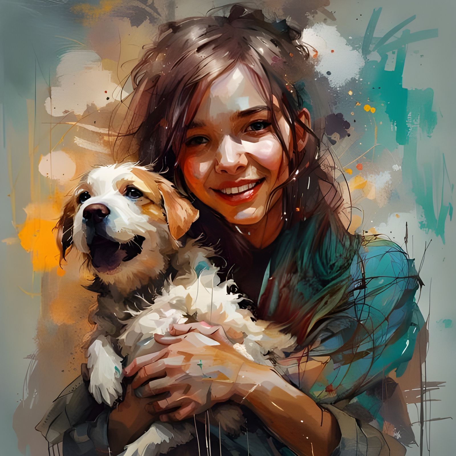 Girl Hugging Puppy: Expressive Detailed Painting