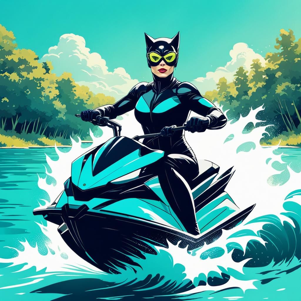 Catwoman Rides Jet-Ski on Aqua Lake