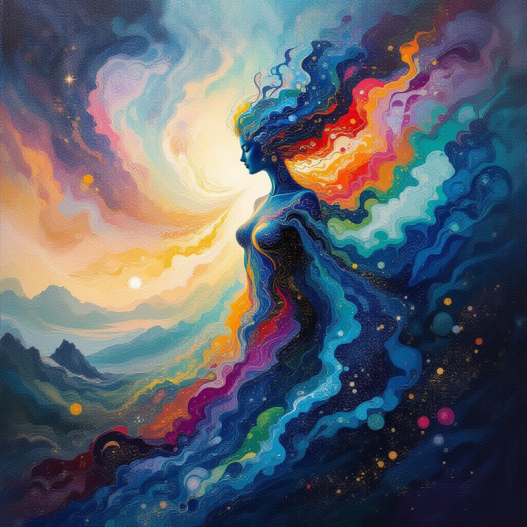 Celestial Being of Paint and Cosmic Dust in Dreamlike Landsc...