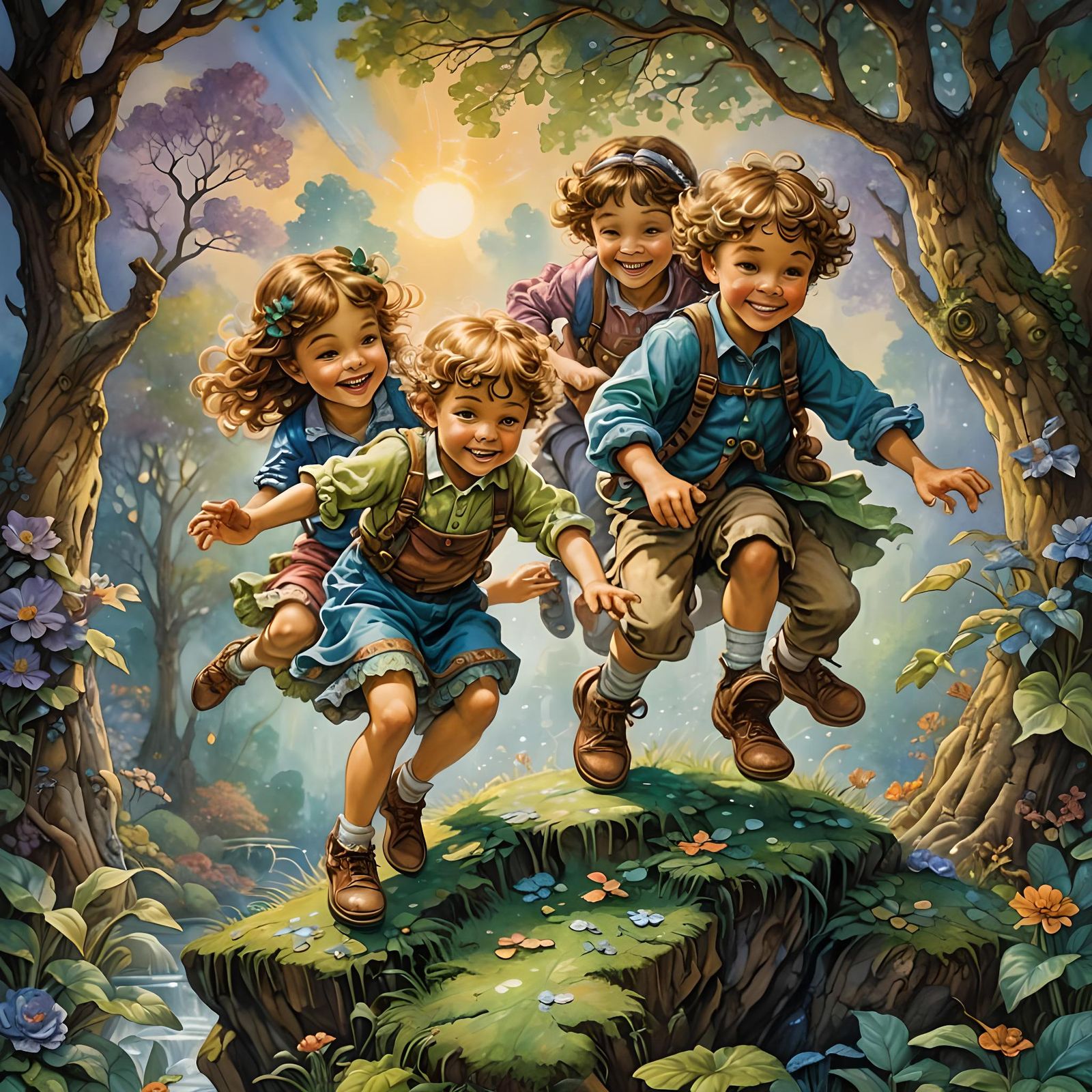 Kids Leapfrog in Retro Watercolor Illustration