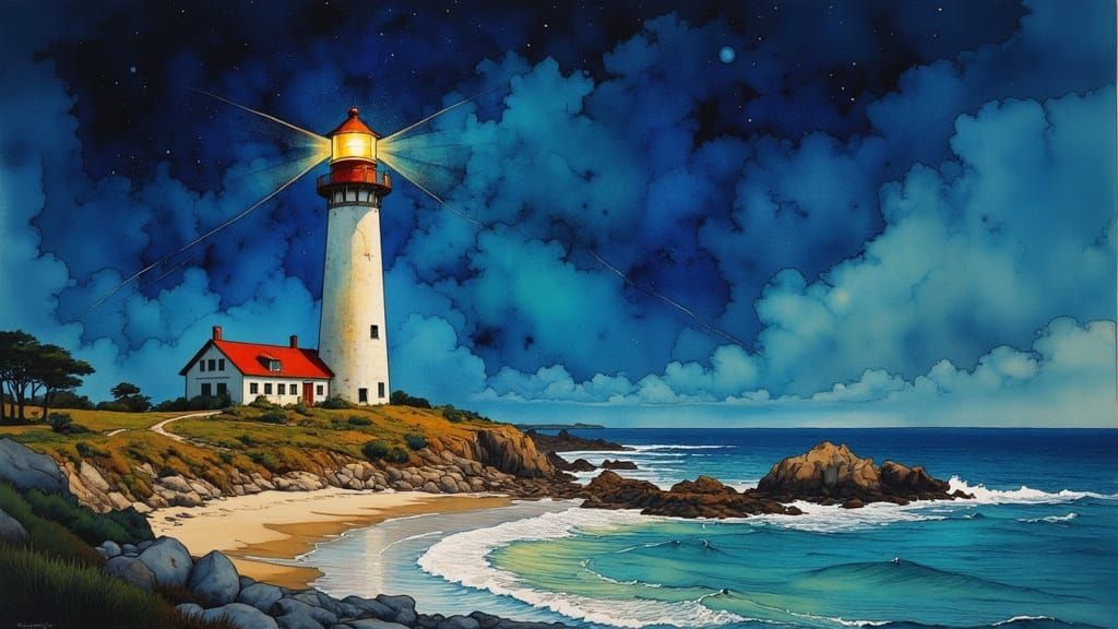 Starry Seashore Lighthouse in Watercolor and Ink
