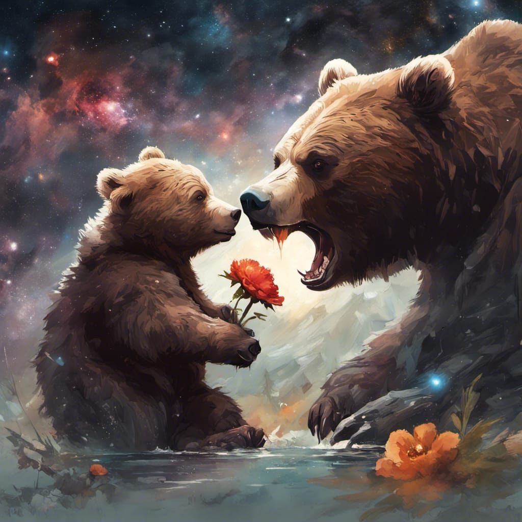 Baby Bear Cub Giving Flower to Grizzly, Painterly Style