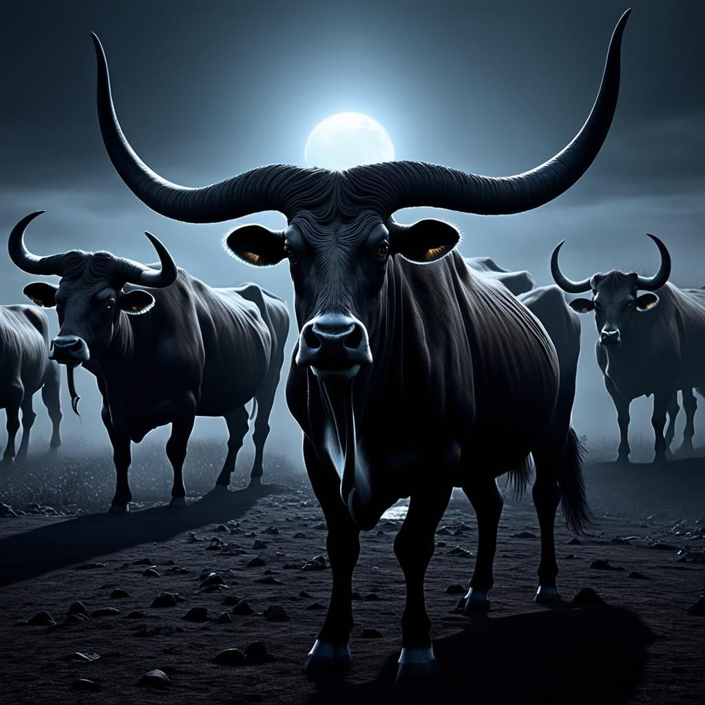 Surreal Demon and Watusi Cows in Hellscape