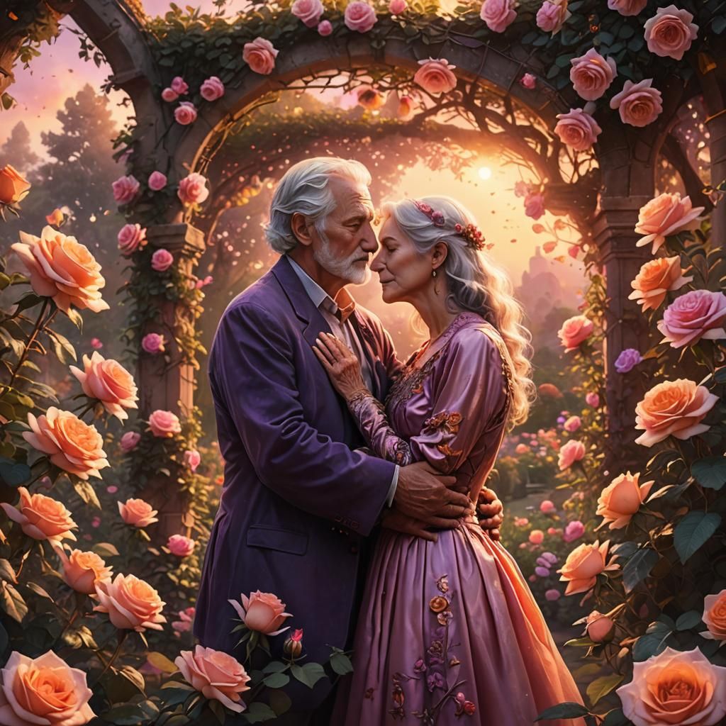 Romantic Couple Embrace in Rose Garden: Matte Painting