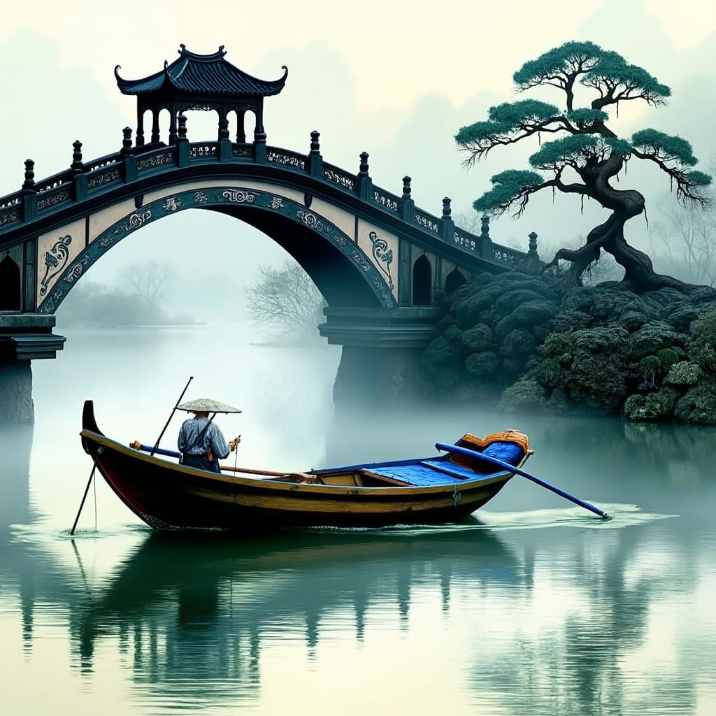 Traditional Japanese Fishing Village Scene in Misty Morning