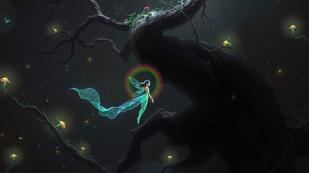 Ethereal Fairy Radiates Soft Glow Amidst Lush, Emerald Fores...