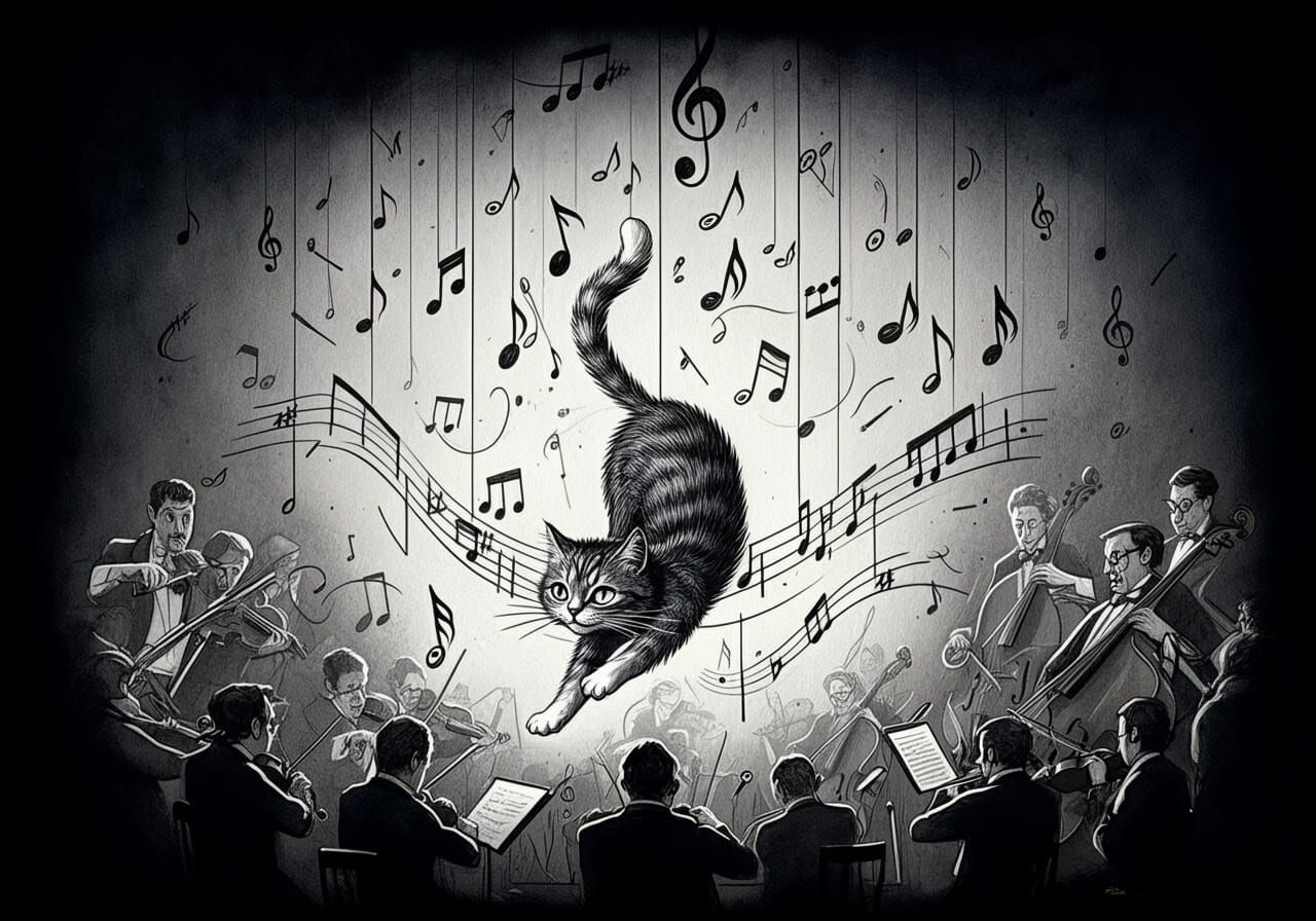 Whimsical Cat Plays with Musical Notes in Black and White In...