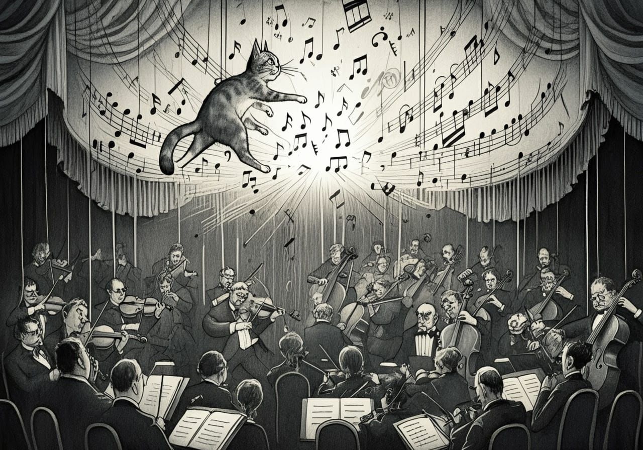 Whimsical Cat in Musical Mayhem as Line-Drawn Ink Art