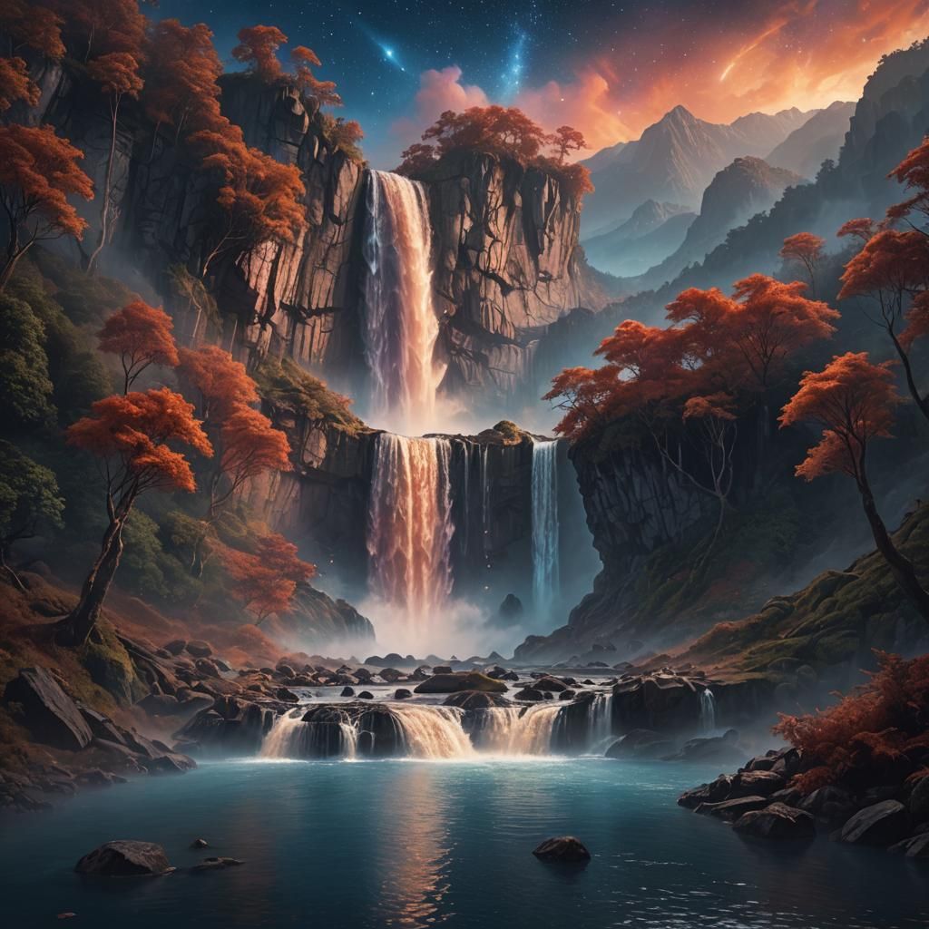 Serene Waterfall Landscape with Red Moon and Falling Stars