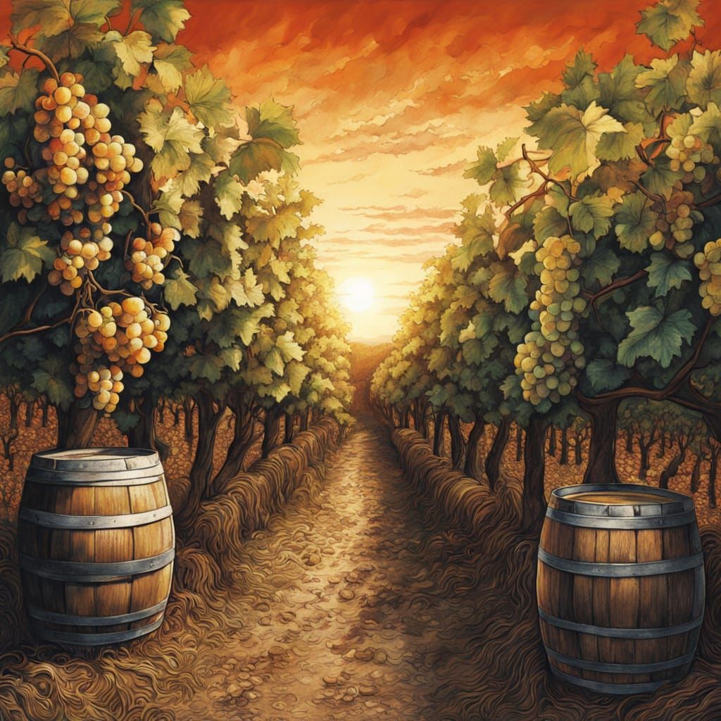 Vineyard Harvest Scene in Warm Golden Light