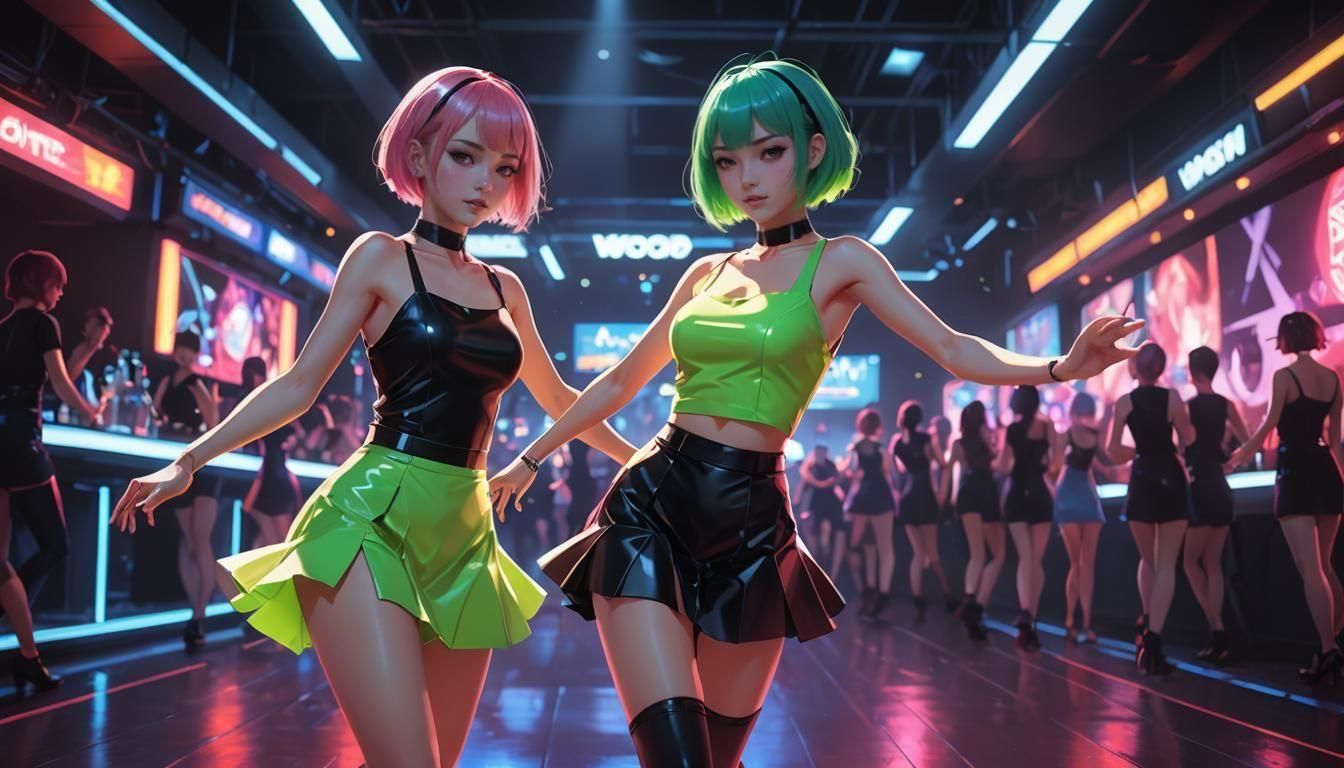 Anime Girls Dancing in Neon Nightclub, 3D Render