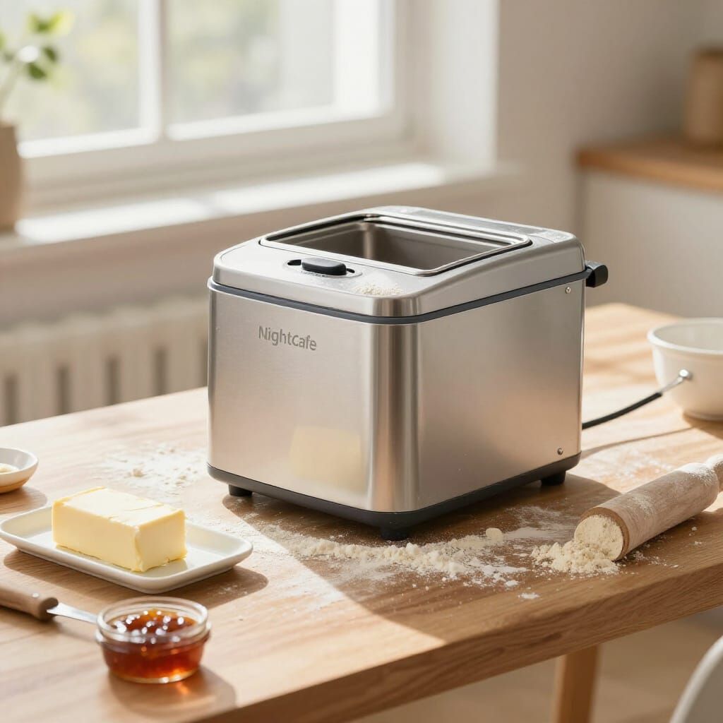 Sunlit Kitchen Scene with Bread Maker and Mess
