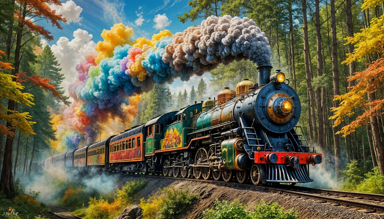 Rainbow Locomotive in Sunny Forest: 3D Render