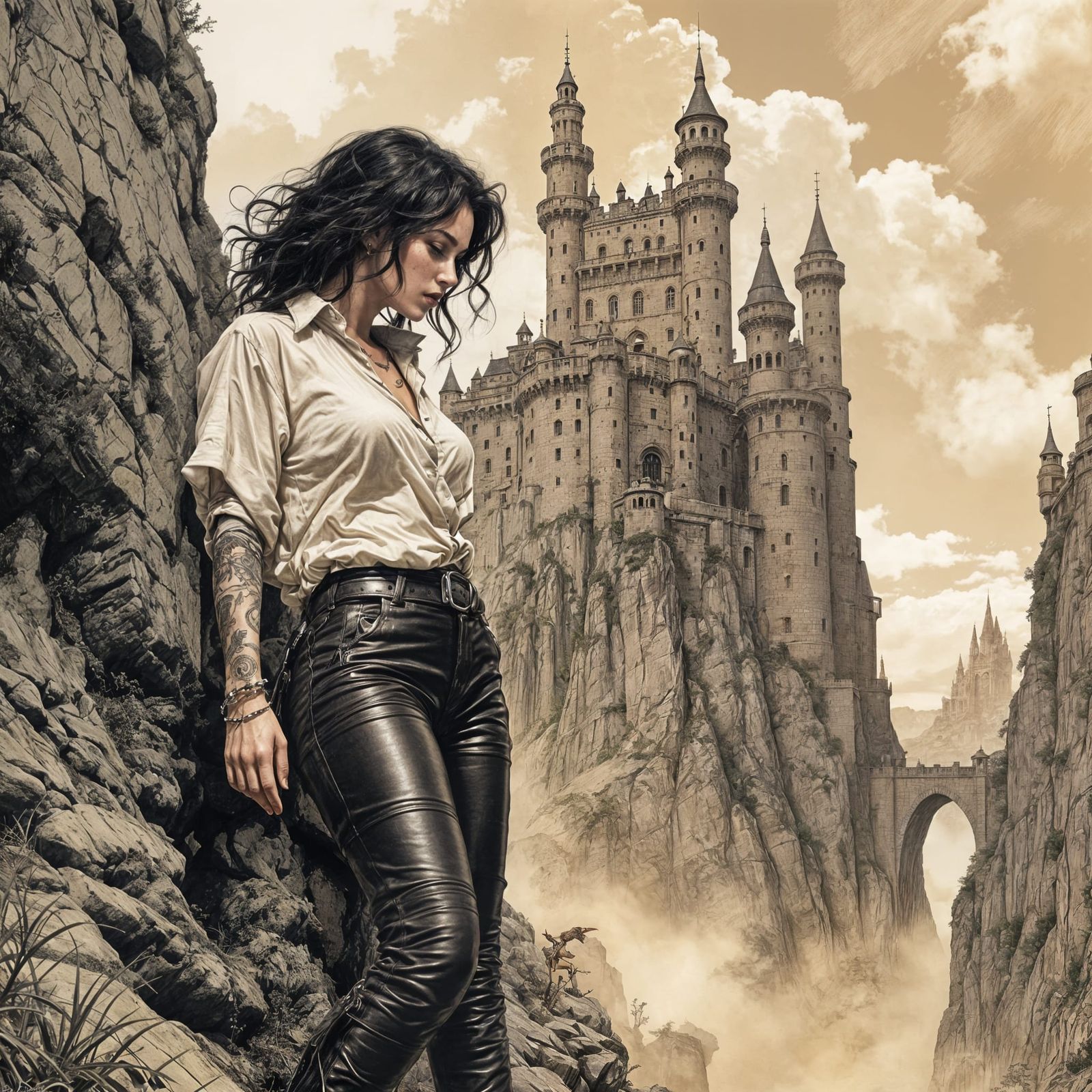 Woman on Cliff in Sepia Comic Illustration