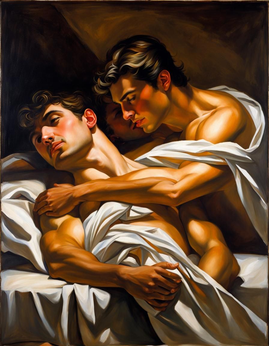 Classical Painting of Two Men Embracing in Barn