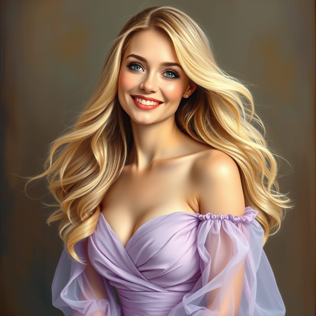 Elegant European Woman in Light Purple Gown with Flowing Blo...