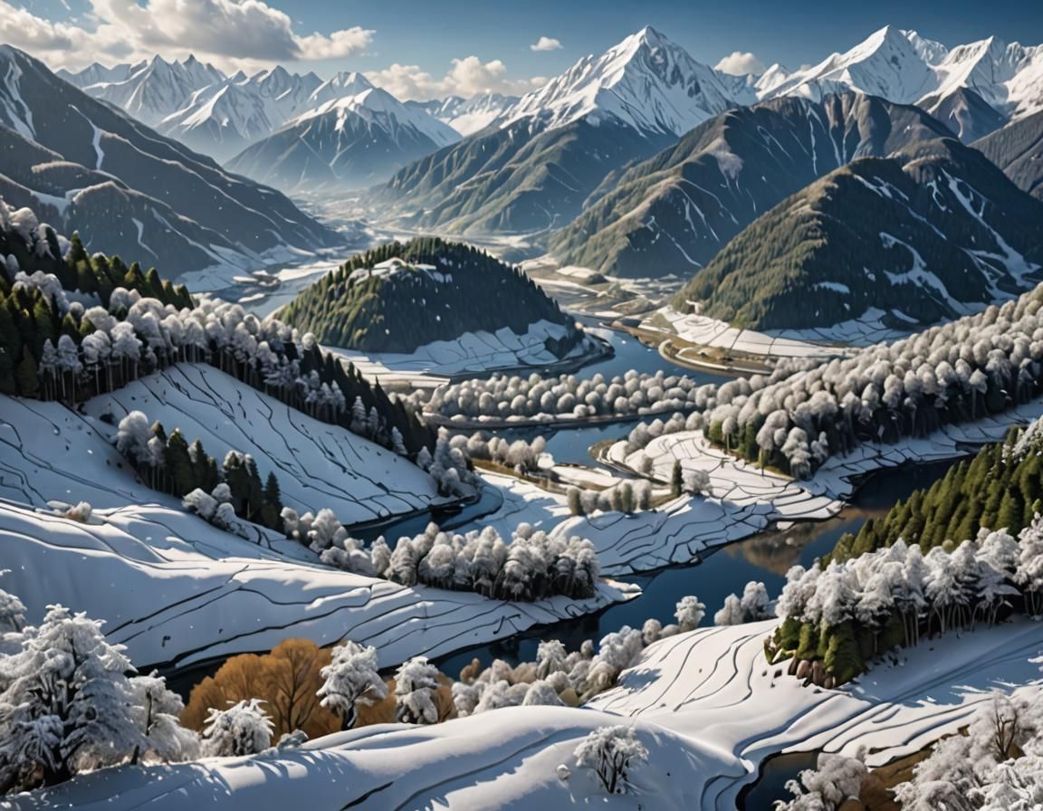 Macro Photo of Snow-Capped Mountains by River