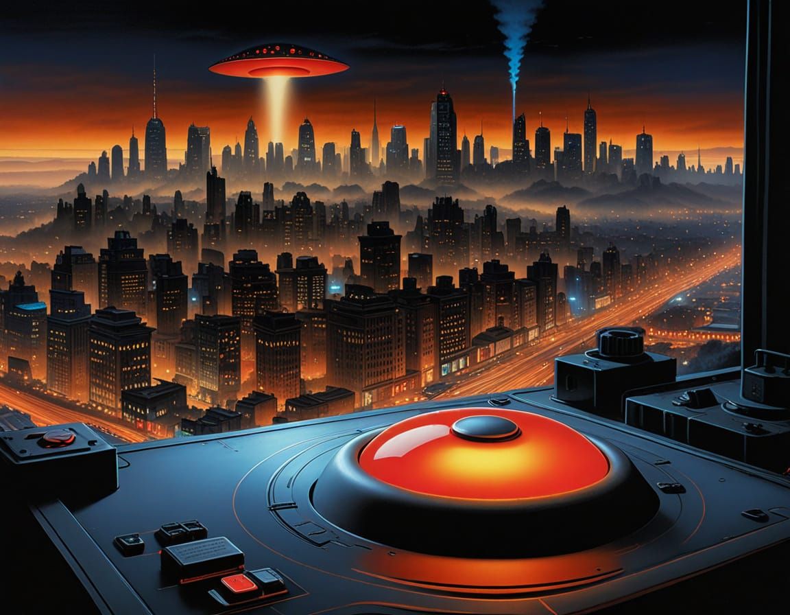 Hyper-Realistic Red Button Control Panel in a Dimly Lit Room