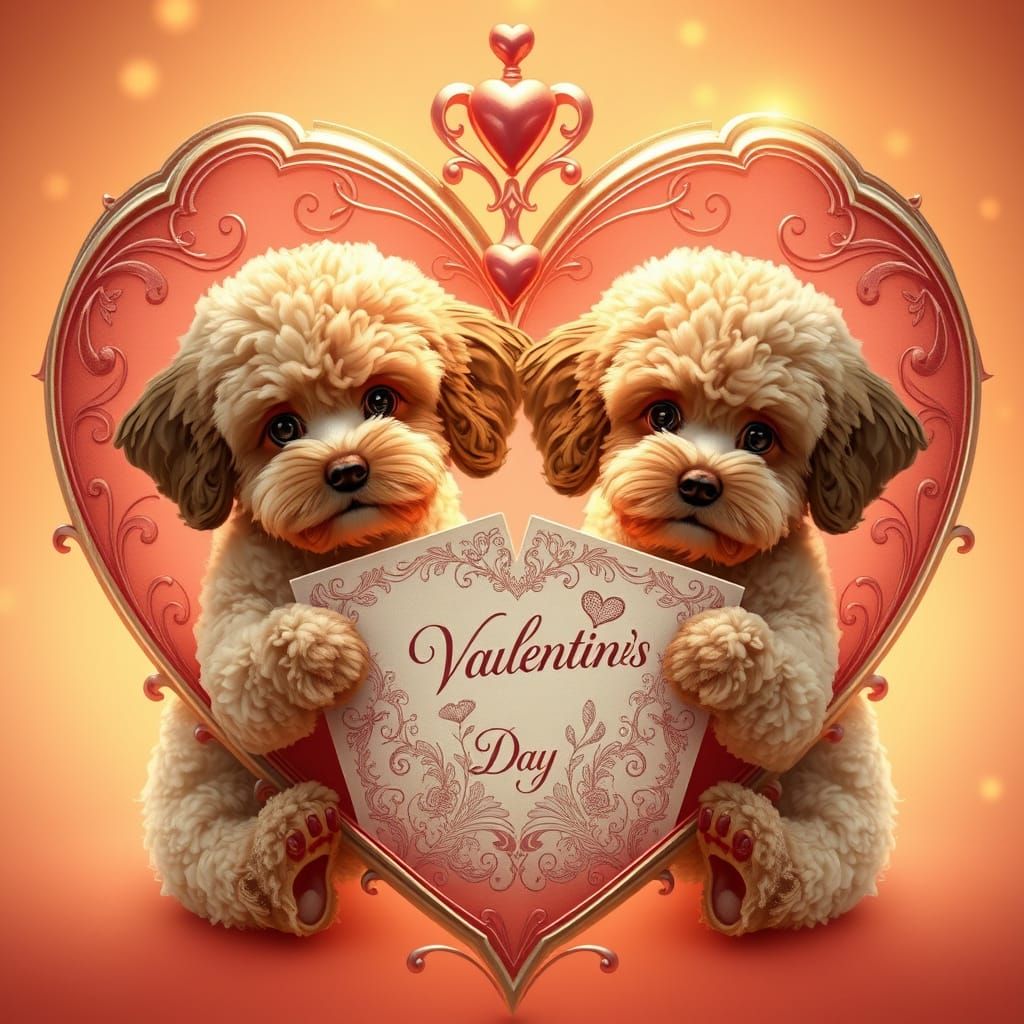 Two Cuddly Dogs Within a Heart, Holding a Valentine's Card