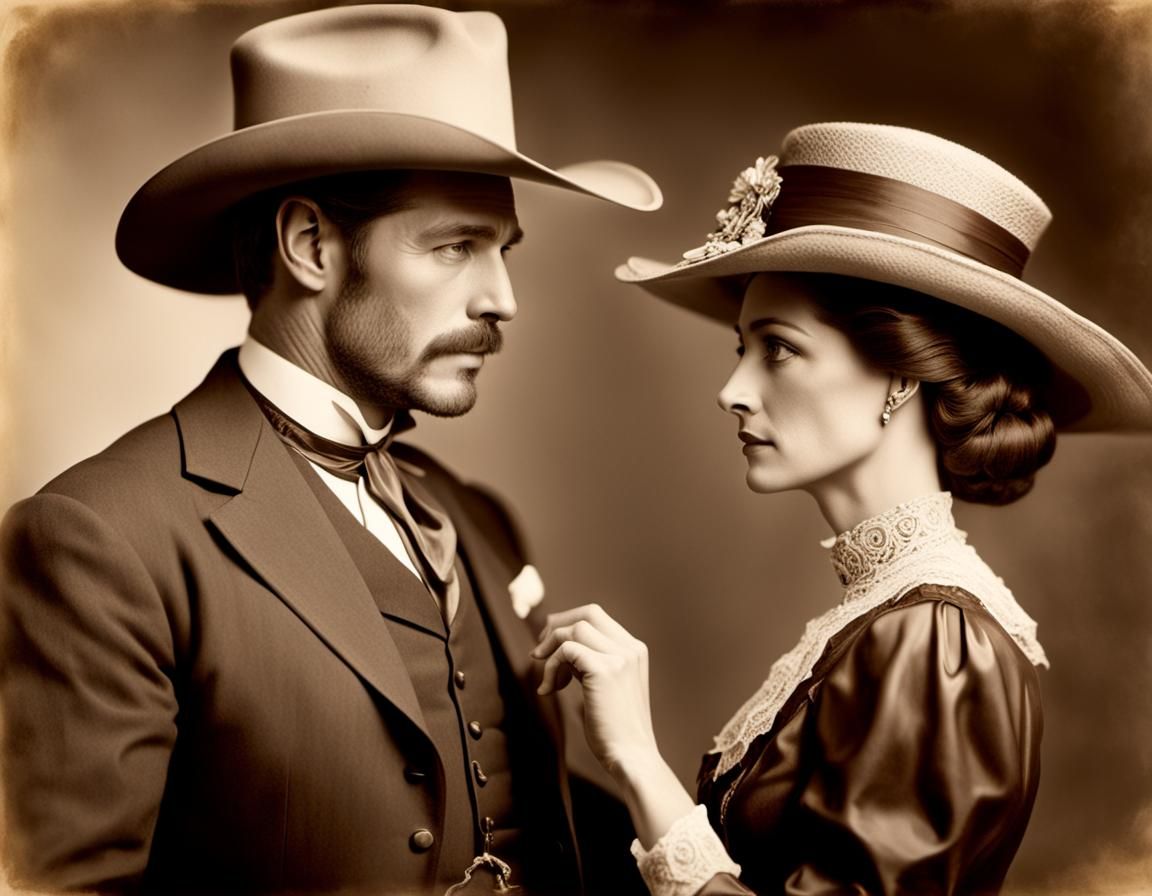 Cowboy Greets English Lady in Sepia Photograph