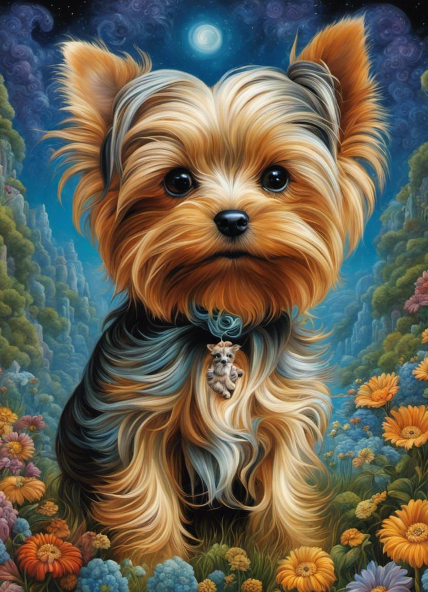 Mystical Yorkie Puppy: Surreal Oil Painting